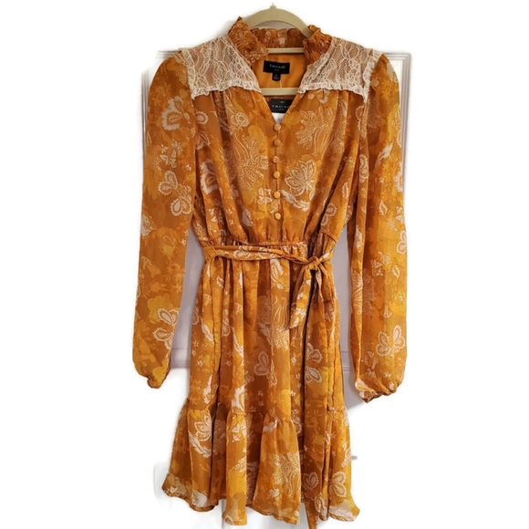 Tahari ASL Lace-Trim Tierred Split Neck Dress SZ 2 NWT Mustard Coquette Girl - Picture 3 of 11